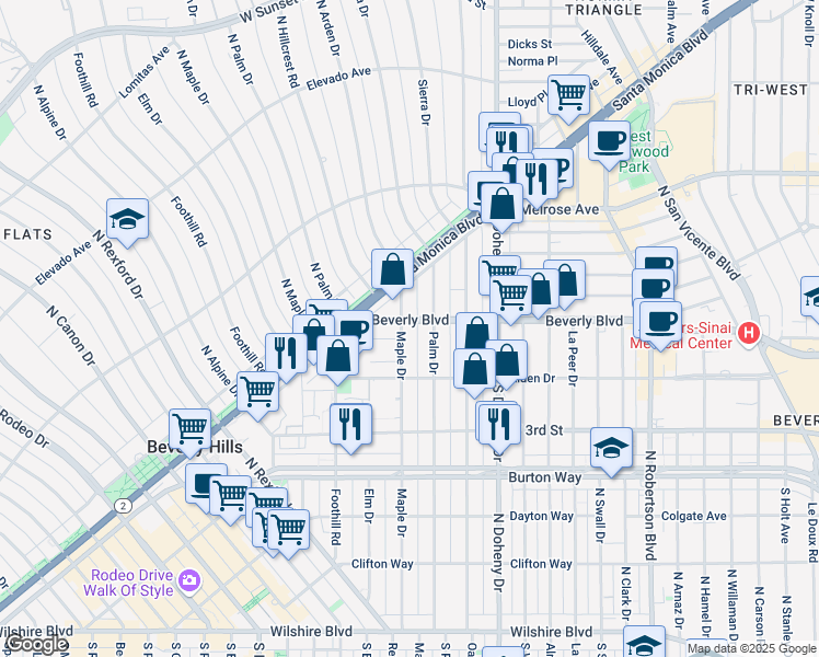 map of restaurants, bars, coffee shops, grocery stores, and more near 9232 Beverly Boulevard in Beverly Hills