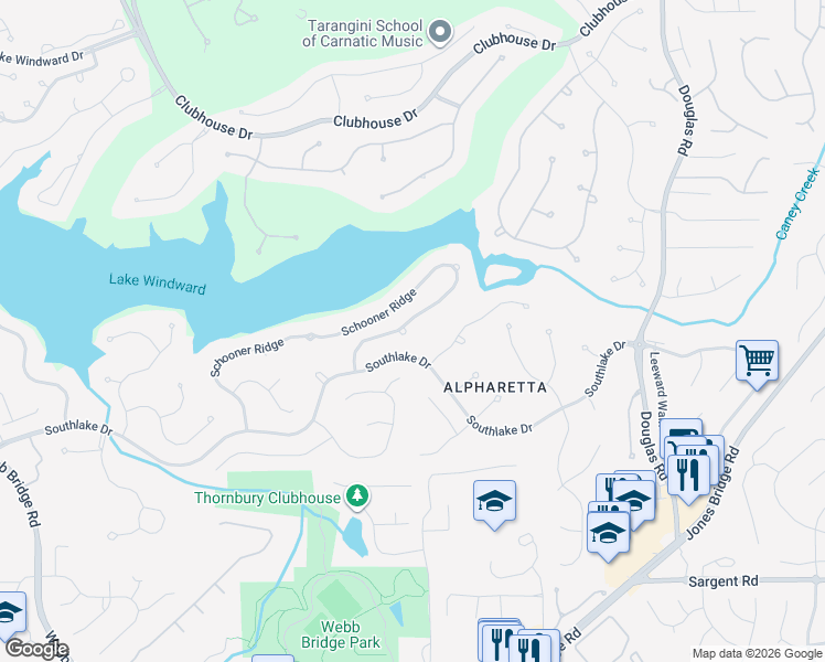 map of restaurants, bars, coffee shops, grocery stores, and more near 3970 Schooner Ridge in Alpharetta