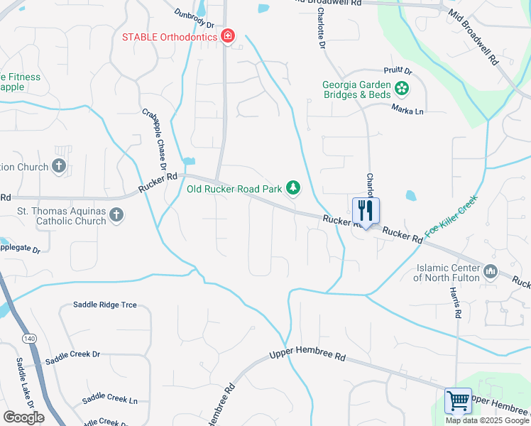 map of restaurants, bars, coffee shops, grocery stores, and more near 11925 North Hickory Trace in Alpharetta
