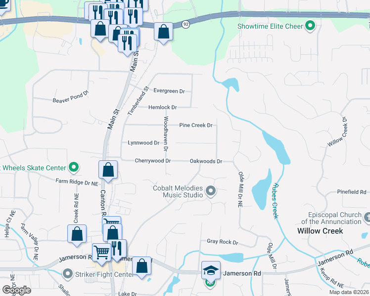 map of restaurants, bars, coffee shops, grocery stores, and more near 1232 Hickory Wood Drive Northeast in Woodstock