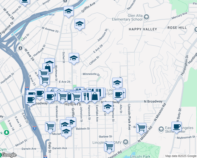 map of restaurants, bars, coffee shops, grocery stores, and more near 3160 Minnesota Street in Los Angeles