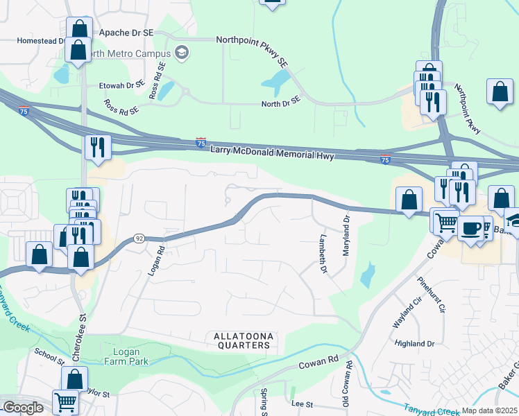 map of restaurants, bars, coffee shops, grocery stores, and more near 3918 Keystone Ridge in Acworth