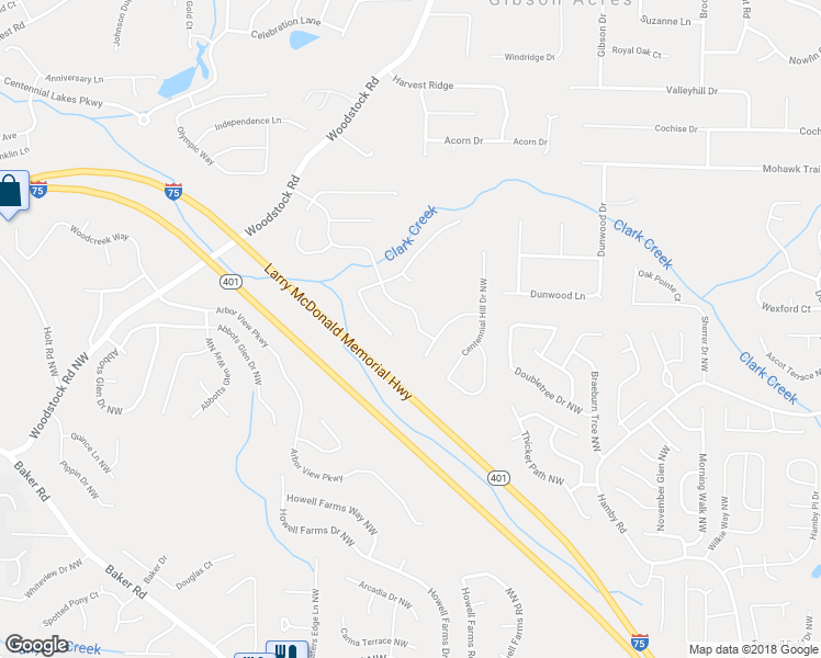 map of restaurants, bars, coffee shops, grocery stores, and more near 5007 Centennial Commons Drive Northwest in Acworth