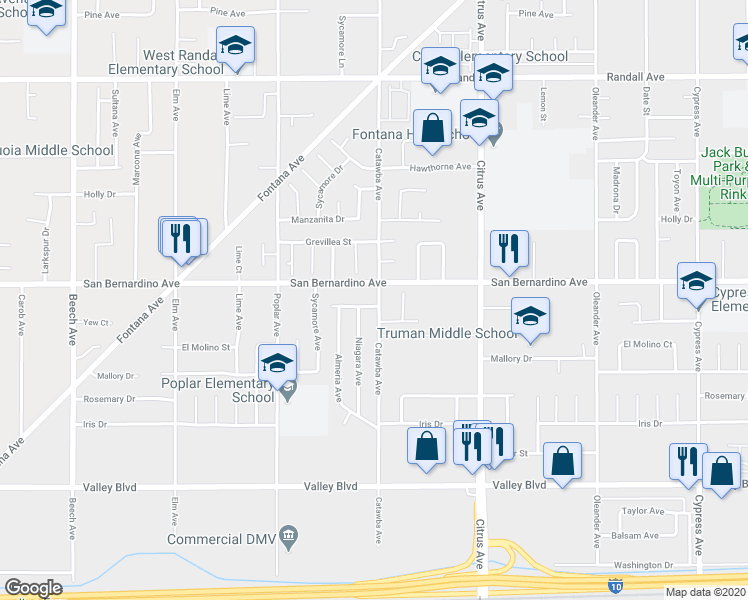 map of restaurants, bars, coffee shops, grocery stores, and more near 15886 Azalea Avenue in Fontana