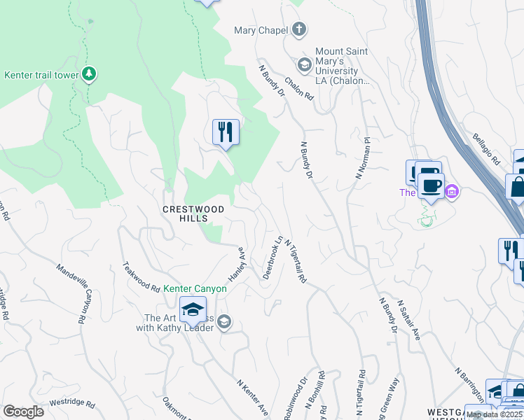 map of restaurants, bars, coffee shops, grocery stores, and more near 968 Stonehill Lane in Los Angeles