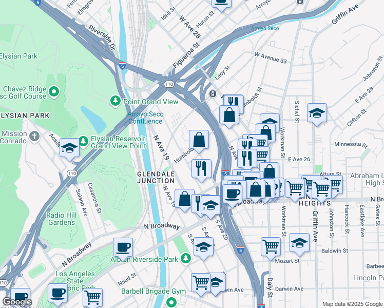 map of restaurants, bars, coffee shops, grocery stores, and more near 200 North San Fernando Road in Los Angeles