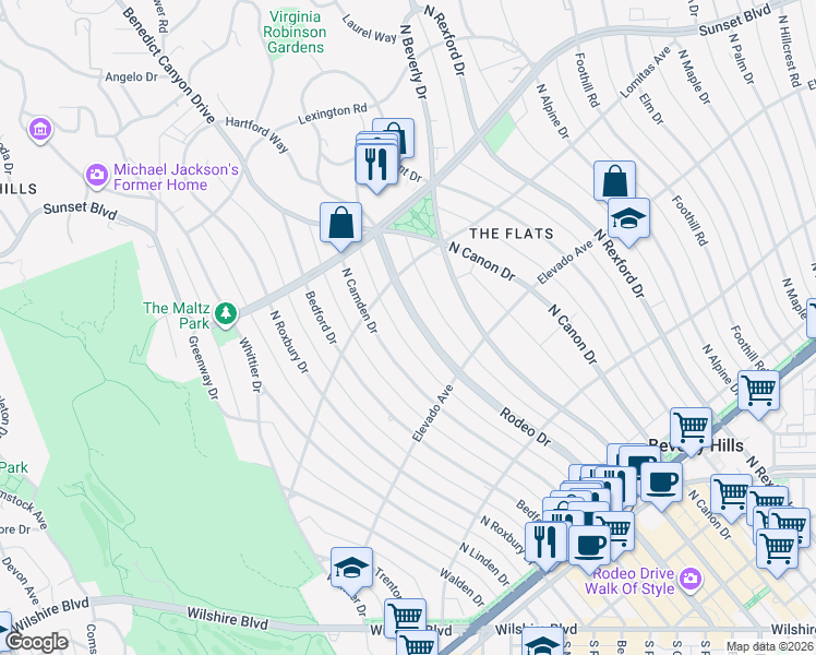 map of restaurants, bars, coffee shops, grocery stores, and more near 719 North Rodeo Drive in Beverly Hills