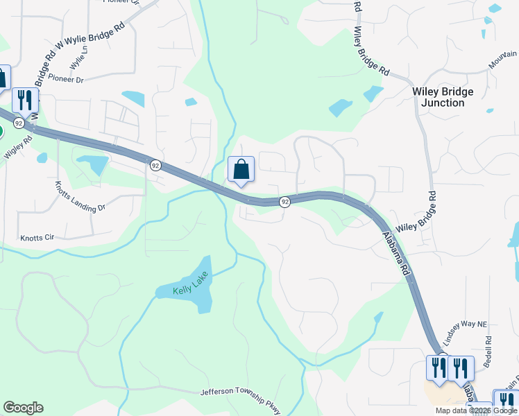 map of restaurants, bars, coffee shops, grocery stores, and more near 14896 Highway 92 in Woodstock