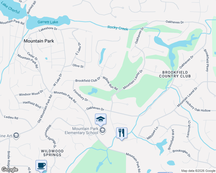 map of restaurants, bars, coffee shops, grocery stores, and more near 1430 Lakemist Court in Roswell