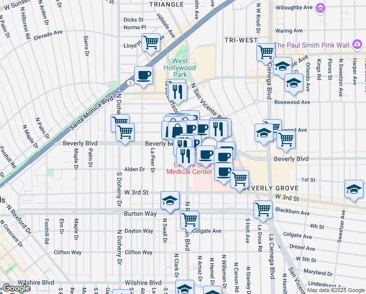 map of restaurants, bars, coffee shops, grocery stores, and more near 8816 Beverly Boulevard in West Hollywood