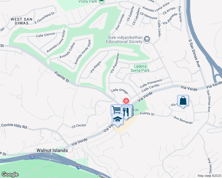 map of restaurants, bars, coffee shops, grocery stores, and more near 1143 Calle Ortega in San Dimas