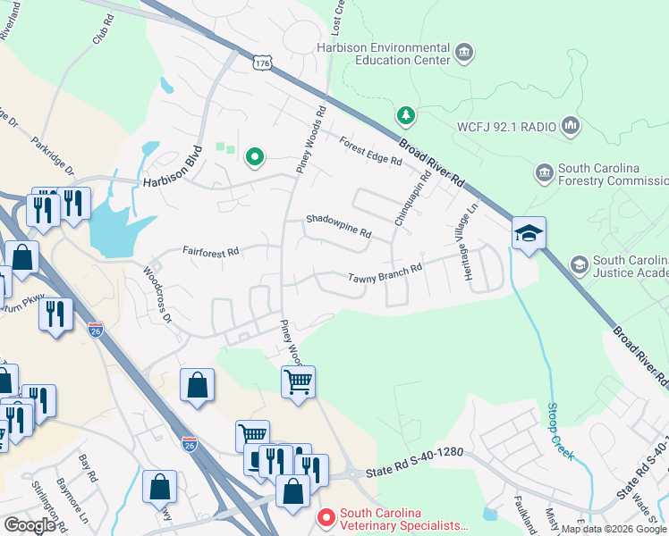 map of restaurants, bars, coffee shops, grocery stores, and more near 105 Tawny Branch Road in Columbia