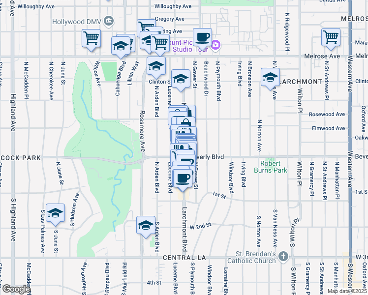 map of restaurants, bars, coffee shops, grocery stores, and more near North Larchmont Boulevard in Los Angeles
