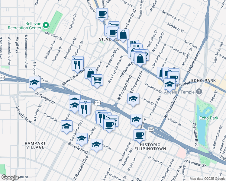 map of restaurants, bars, coffee shops, grocery stores, and more near 2 Benton Way in Los Angeles
