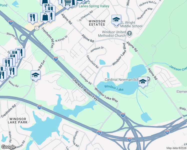 map of restaurants, bars, coffee shops, grocery stores, and more near 301 Windsor Brook Road in Columbia