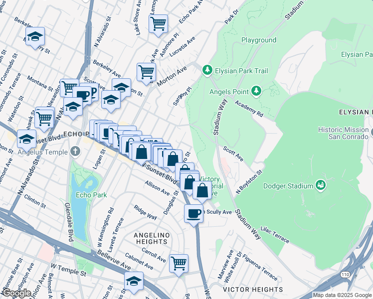 map of restaurants, bars, coffee shops, grocery stores, and more near 1416 Quintero Street in Los Angeles