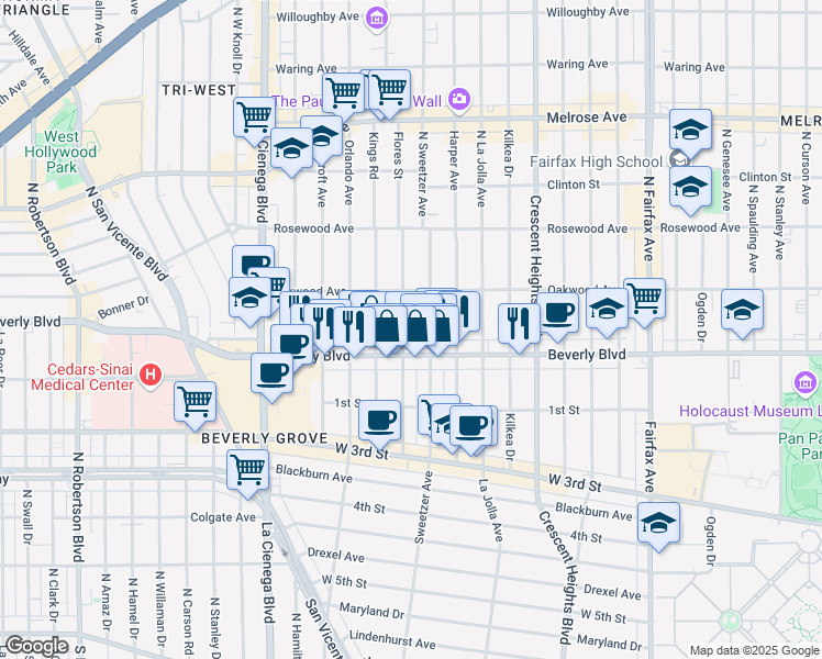 map of restaurants, bars, coffee shops, grocery stores, and more near 328 North Flores Street in Los Angeles