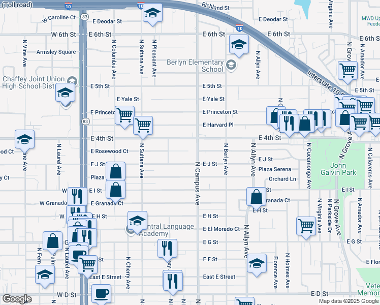 map of restaurants, bars, coffee shops, grocery stores, and more near 650 East Rosewood Court in Ontario
