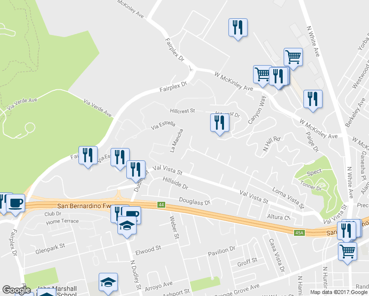 map of restaurants, bars, coffee shops, grocery stores, and more near 1731 Crest View Place in Pomona