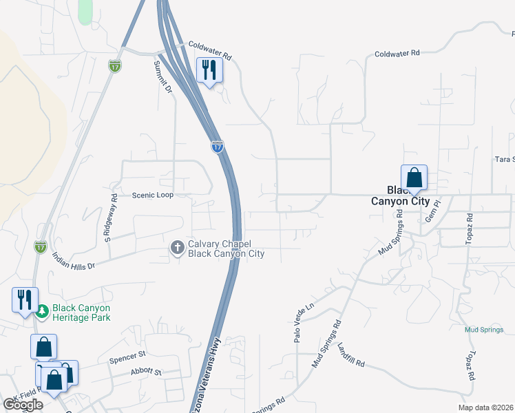 map of restaurants, bars, coffee shops, grocery stores, and more near 19650 Squaw Valley Parkway in Black Canyon City