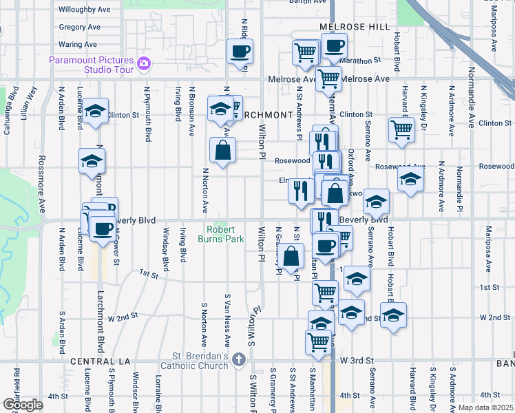 map of restaurants, bars, coffee shops, grocery stores, and more near 325 Wilton Place in Los Angeles