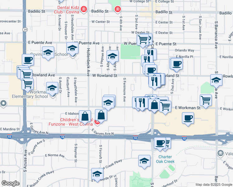 map of restaurants, bars, coffee shops, grocery stores, and more near 711 Aldenville Street in Covina