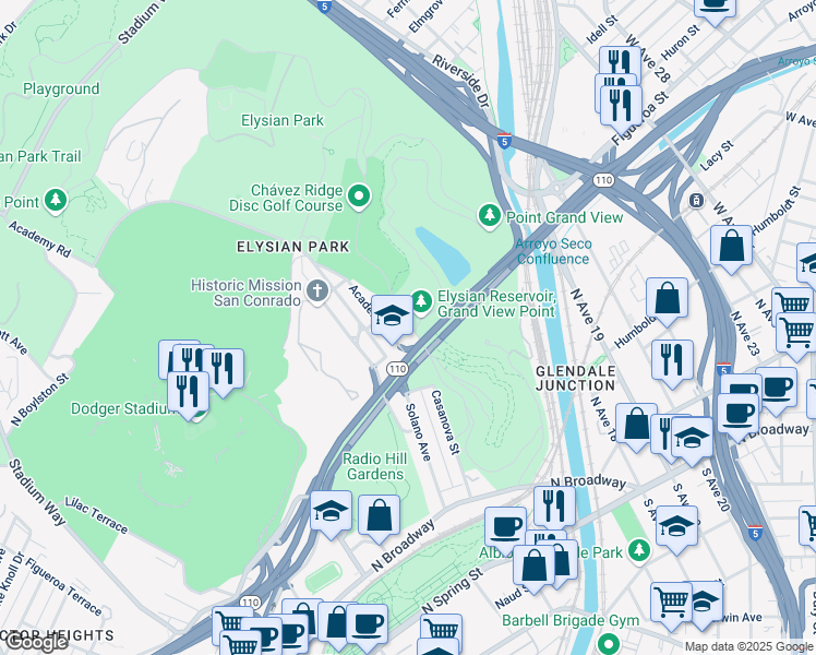 map of restaurants, bars, coffee shops, grocery stores, and more near 612 Park Row Drive in Los Angeles