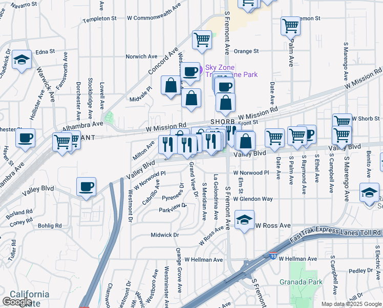 map of restaurants, bars, coffee shops, grocery stores, and more near 2845 West Valley Boulevard in Alhambra