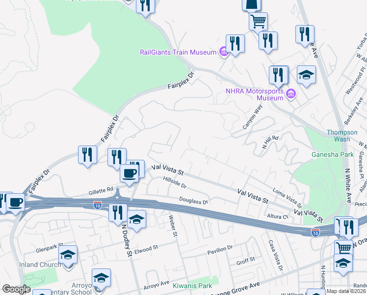 map of restaurants, bars, coffee shops, grocery stores, and more near 1731 Crest View Place in Pomona