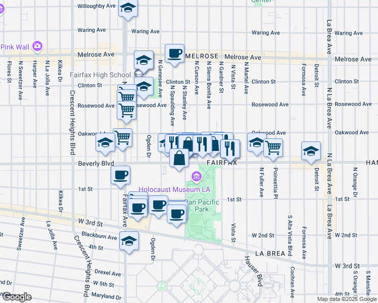 map of restaurants, bars, coffee shops, grocery stores, and more near 326 North Stanley Avenue in Los Angeles