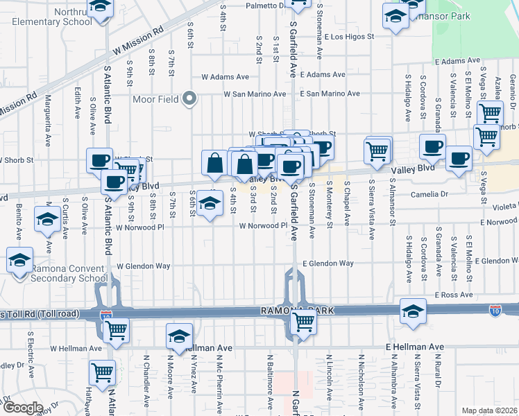 map of restaurants, bars, coffee shops, grocery stores, and more near 1504 South 3rd Street in Alhambra