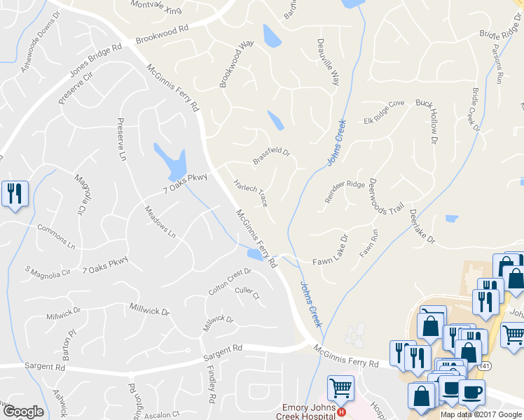map of restaurants, bars, coffee shops, grocery stores, and more near 7310 Harlech Trace in Cumming