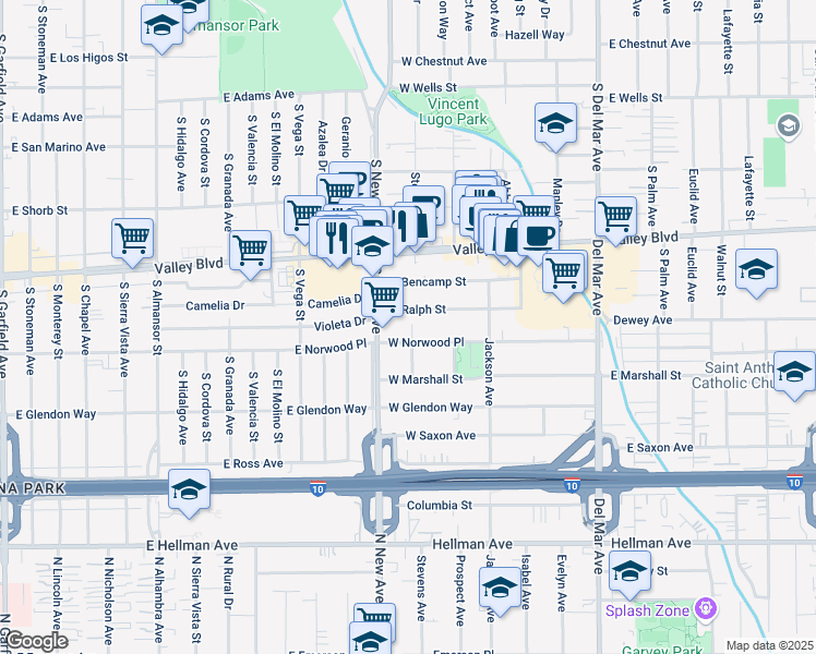 map of restaurants, bars, coffee shops, grocery stores, and more near 1741 Manor Way in San Gabriel