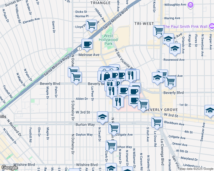 map of restaurants, bars, coffee shops, grocery stores, and more near 8816 Beverly Boulevard in West Hollywood