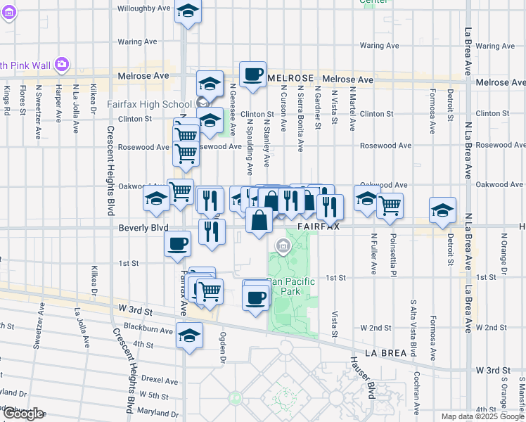 map of restaurants, bars, coffee shops, grocery stores, and more near 326 North Stanley Avenue in Los Angeles