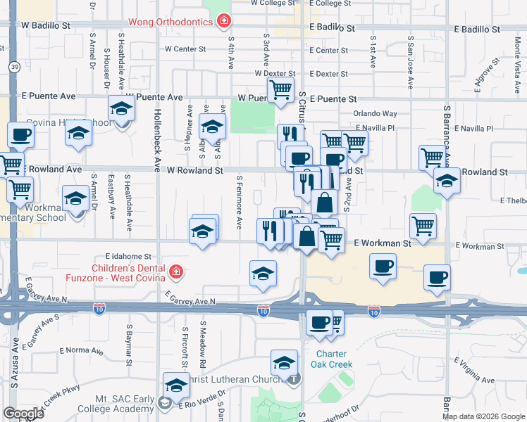 map of restaurants, bars, coffee shops, grocery stores, and more near 710 South Calvados Avenue in Covina