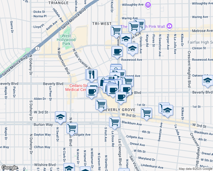 map of restaurants, bars, coffee shops, grocery stores, and more near 310 Huntley Drive in Los Angeles
