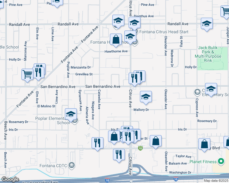 map of restaurants, bars, coffee shops, grocery stores, and more near San Bernardino Avenue in Fontana
