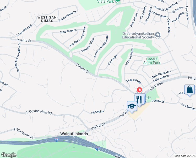 map of restaurants, bars, coffee shops, grocery stores, and more near 1414 Puente Street in San Dimas