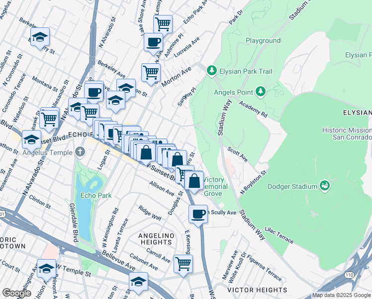 map of restaurants, bars, coffee shops, grocery stores, and more near 1411 Sutherland Street in Los Angeles