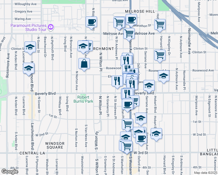 map of restaurants, bars, coffee shops, grocery stores, and more near 4832 Oakwood Avenue in Los Angeles