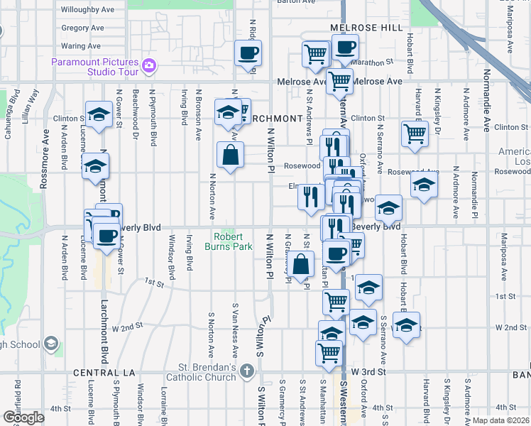 map of restaurants, bars, coffee shops, grocery stores, and more near 325 Wilton Place in Los Angeles