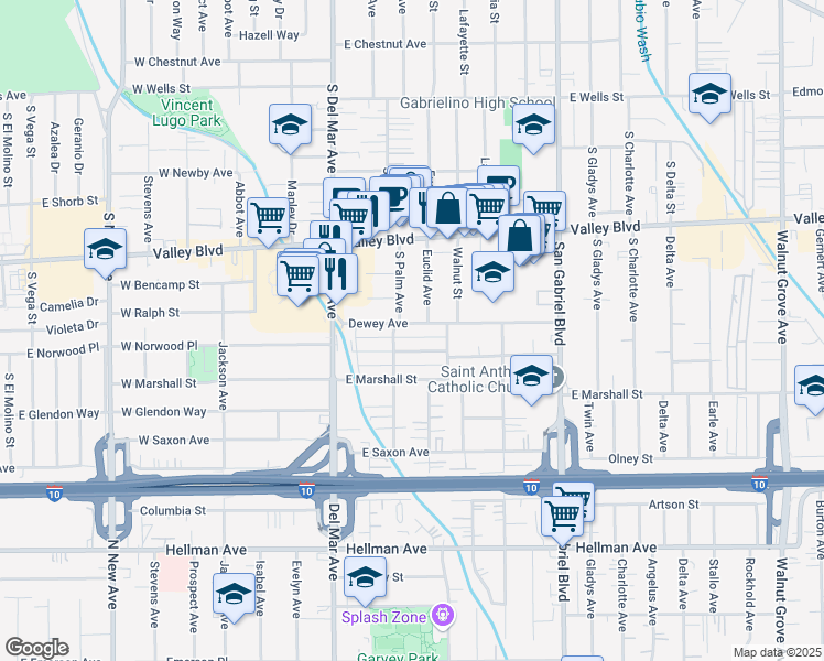 map of restaurants, bars, coffee shops, grocery stores, and more near 326 Dewey Avenue in San Gabriel