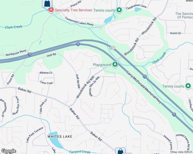 map of restaurants, bars, coffee shops, grocery stores, and more near 2608 Abbots Glen Drive Northwest in Acworth