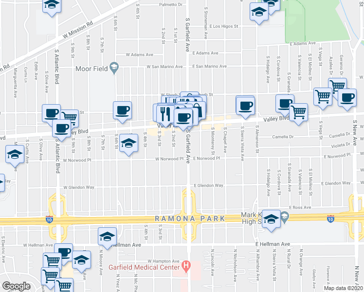 map of restaurants, bars, coffee shops, grocery stores, and more near 1507 South Garfield Avenue in Alhambra