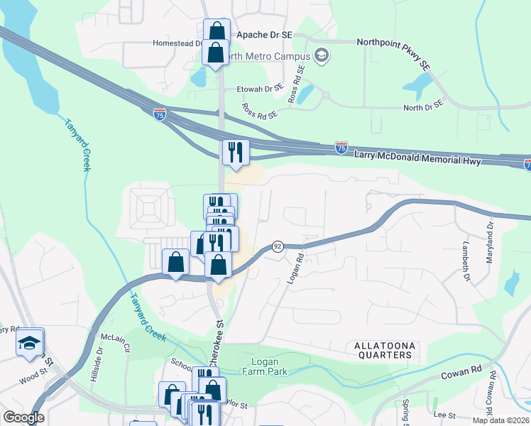 map of restaurants, bars, coffee shops, grocery stores, and more near 4911 Magnolia Cottage Way in Acworth