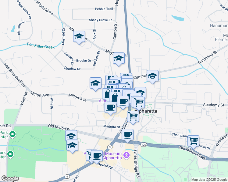 map of restaurants, bars, coffee shops, grocery stores, and more near 58 Canton Street in Alpharetta
