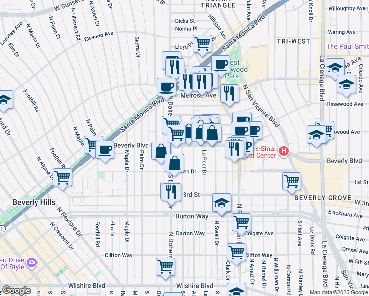map of restaurants, bars, coffee shops, grocery stores, and more near in Beverly Hills