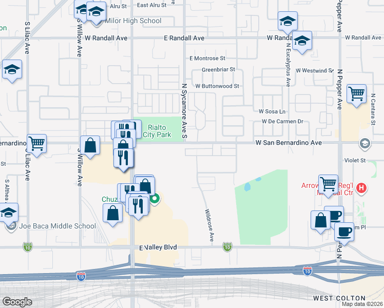 map of restaurants, bars, coffee shops, grocery stores, and more near 2110 Lavender Lane in Colton