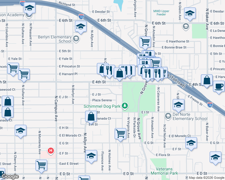 map of restaurants, bars, coffee shops, grocery stores, and more near 1029 East Rosewood Court in Ontario